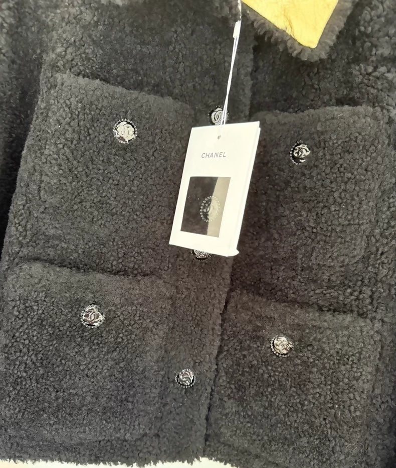 Chanel 22B Black shearling Jacket with Gold Leather Lining - Image 2