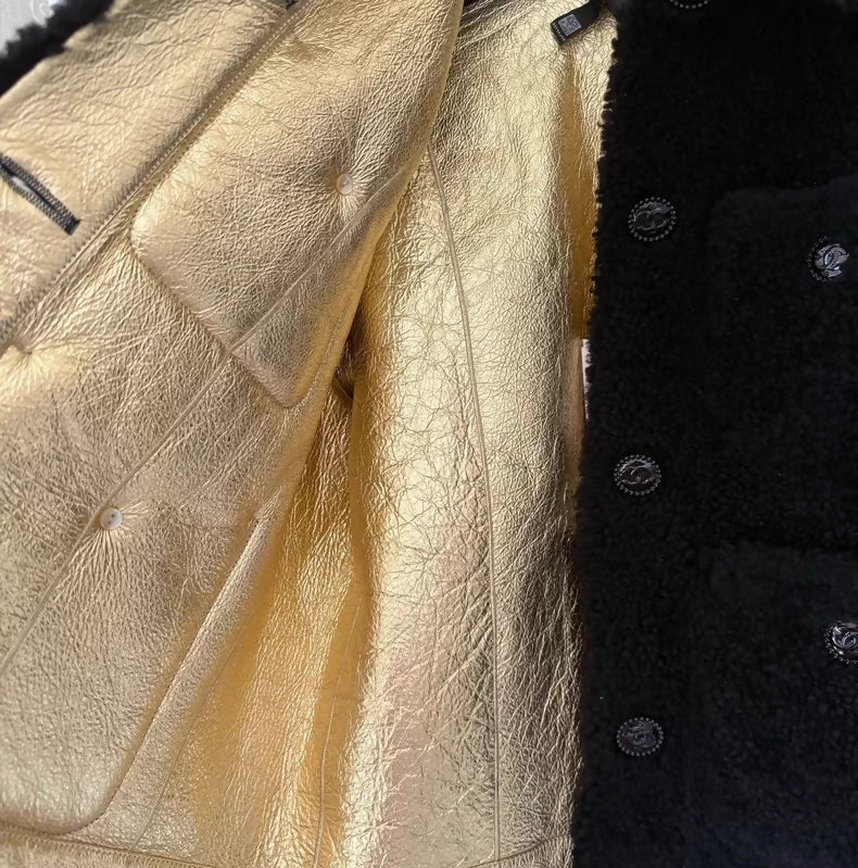 Chanel 22B Black shearling Jacket with Gold Leather Lining - Image 3