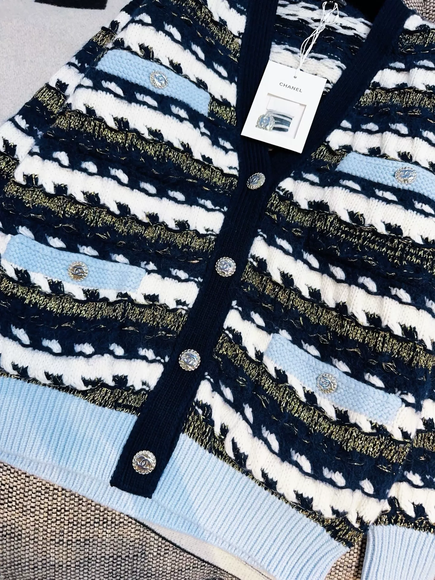 CHANEL 22b blue and white striped cardigan - Image 3