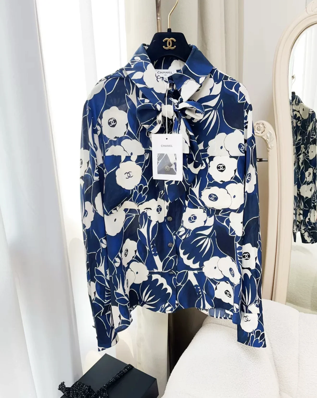 Chanel 22B Blue White Camellia Silk Shirt