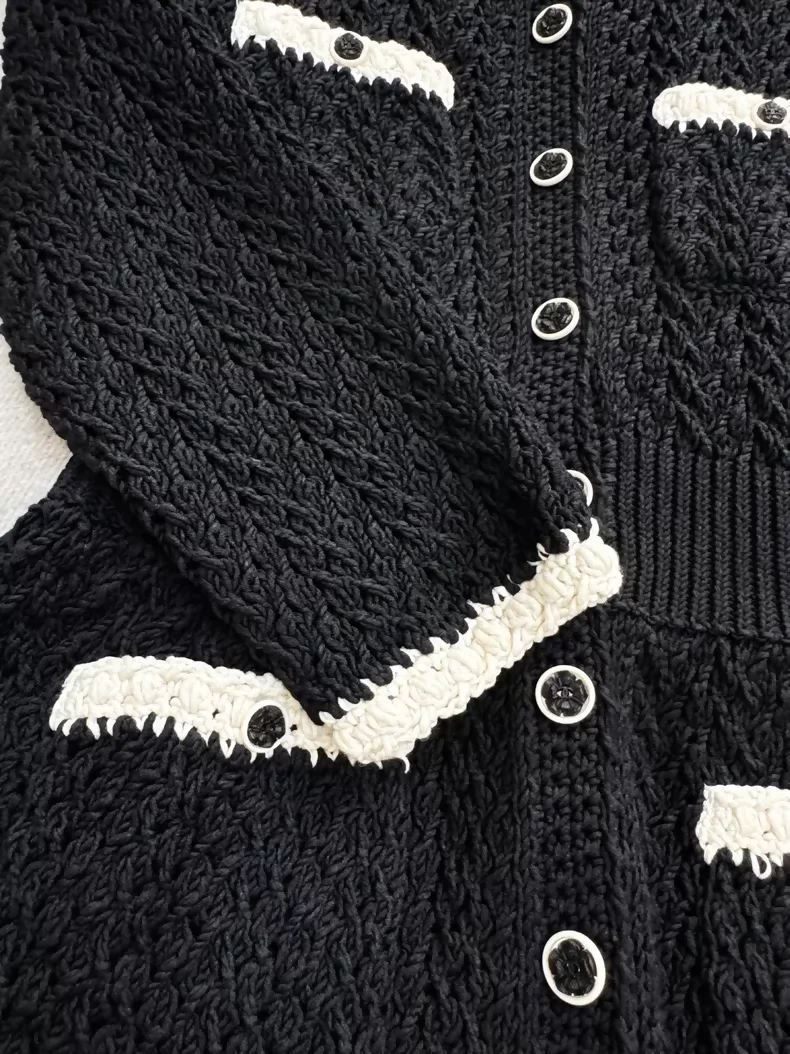 Chanel 22C Black and White Woven Camellia Button-Down Dress - Image 6