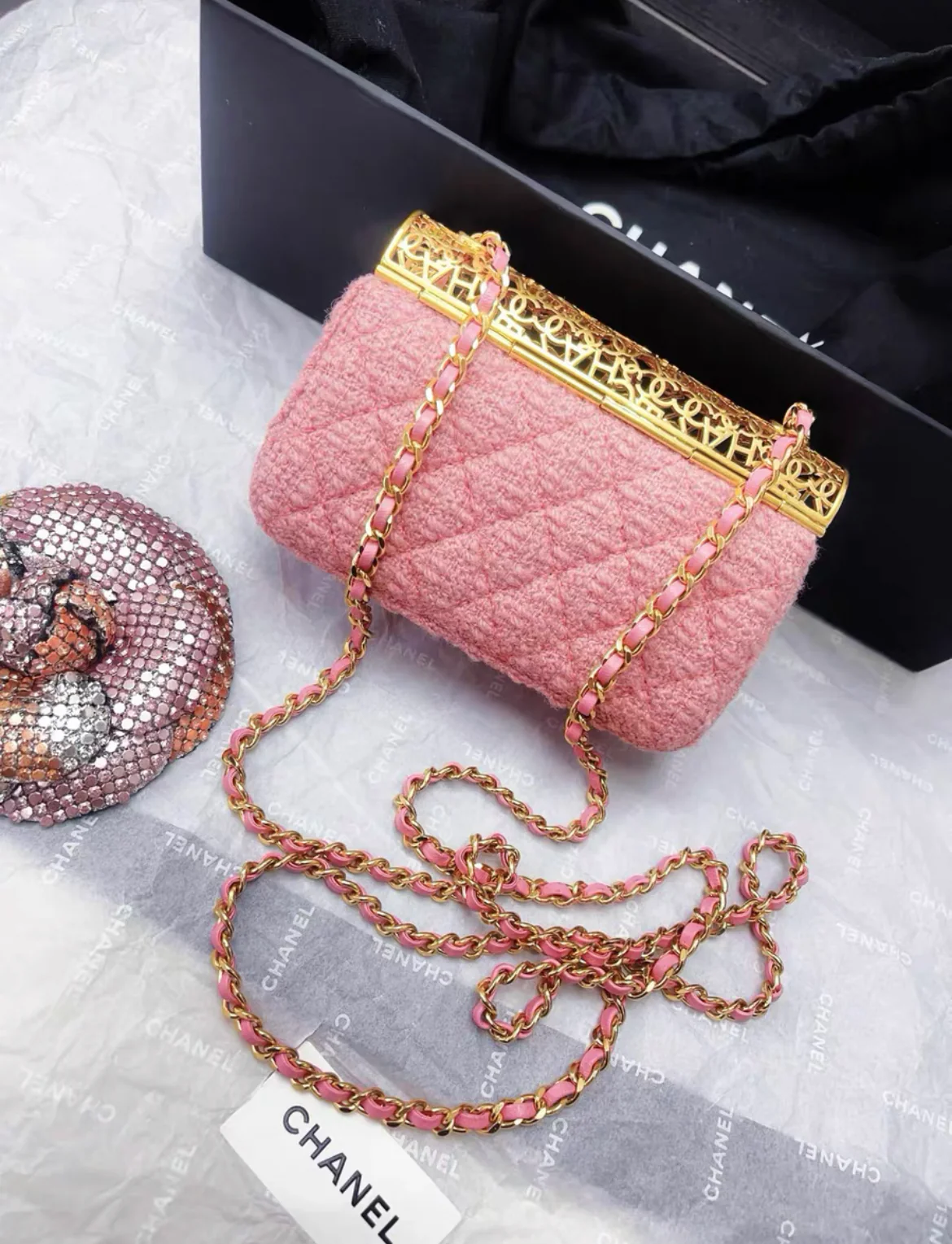 CHANEL 22K Gold Metal Pink Tweed Logo CC Minaudiere Flap Bag - Image 6