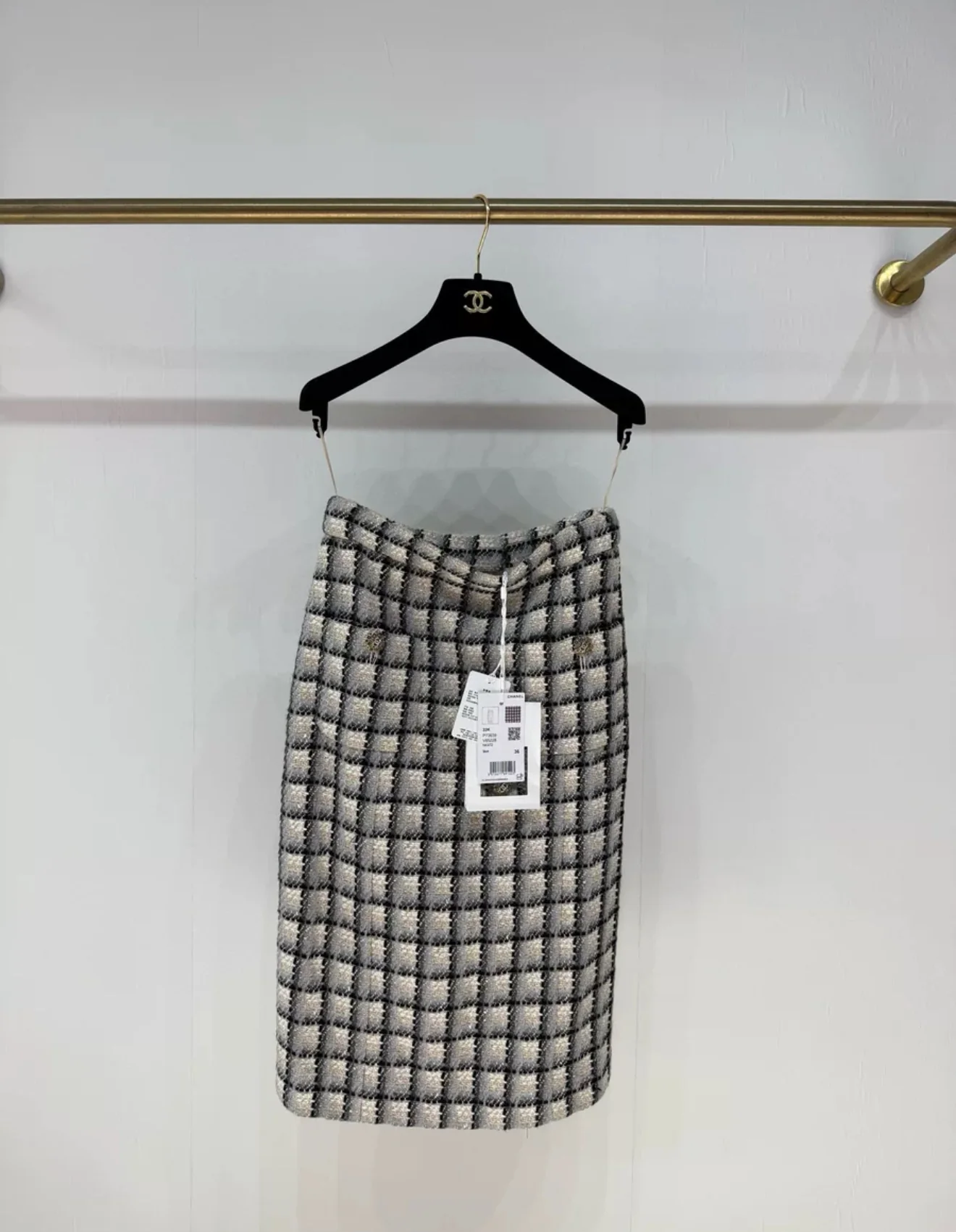Chanel 22K vintage diamond button plaid skirt