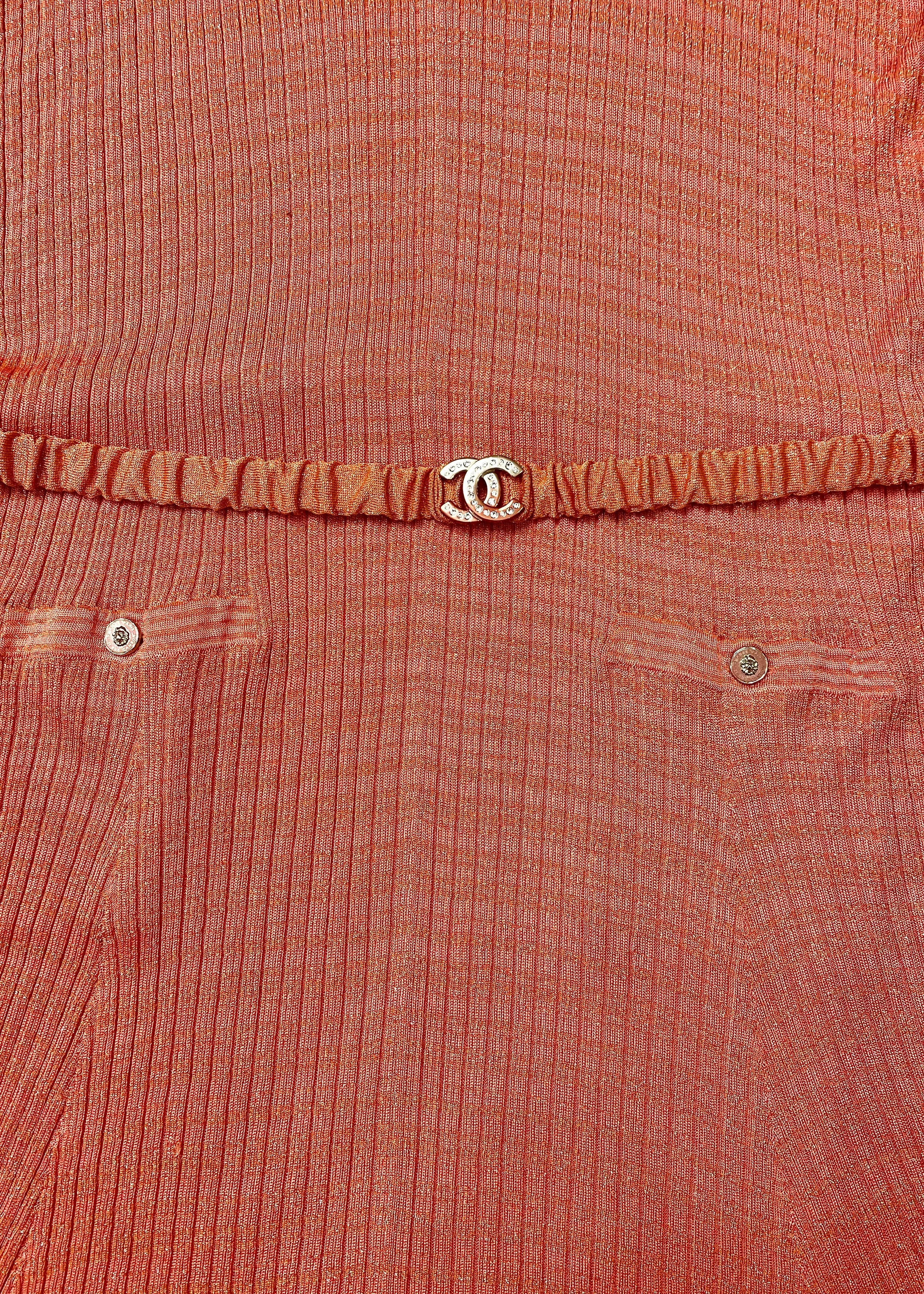 CHANEL 22P PINK CORAL ORANGE RIBBED METALLIC LUREX COLLARED MAXI DRESS FR 46 - Image 5