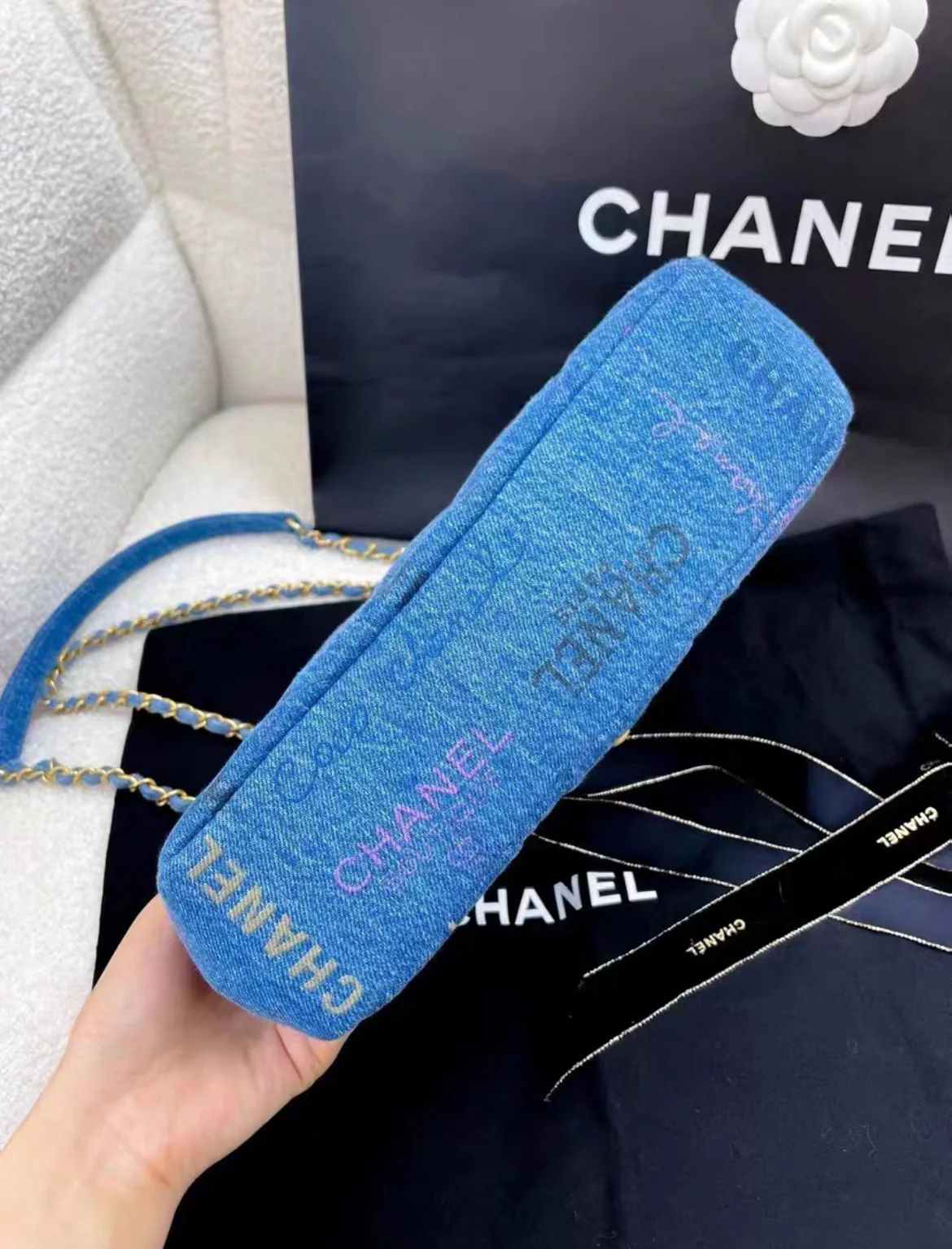 CHANEL 22P SM Quilted Print Blue Denim Jean Imprime Flap Handbag Chain - Image 6