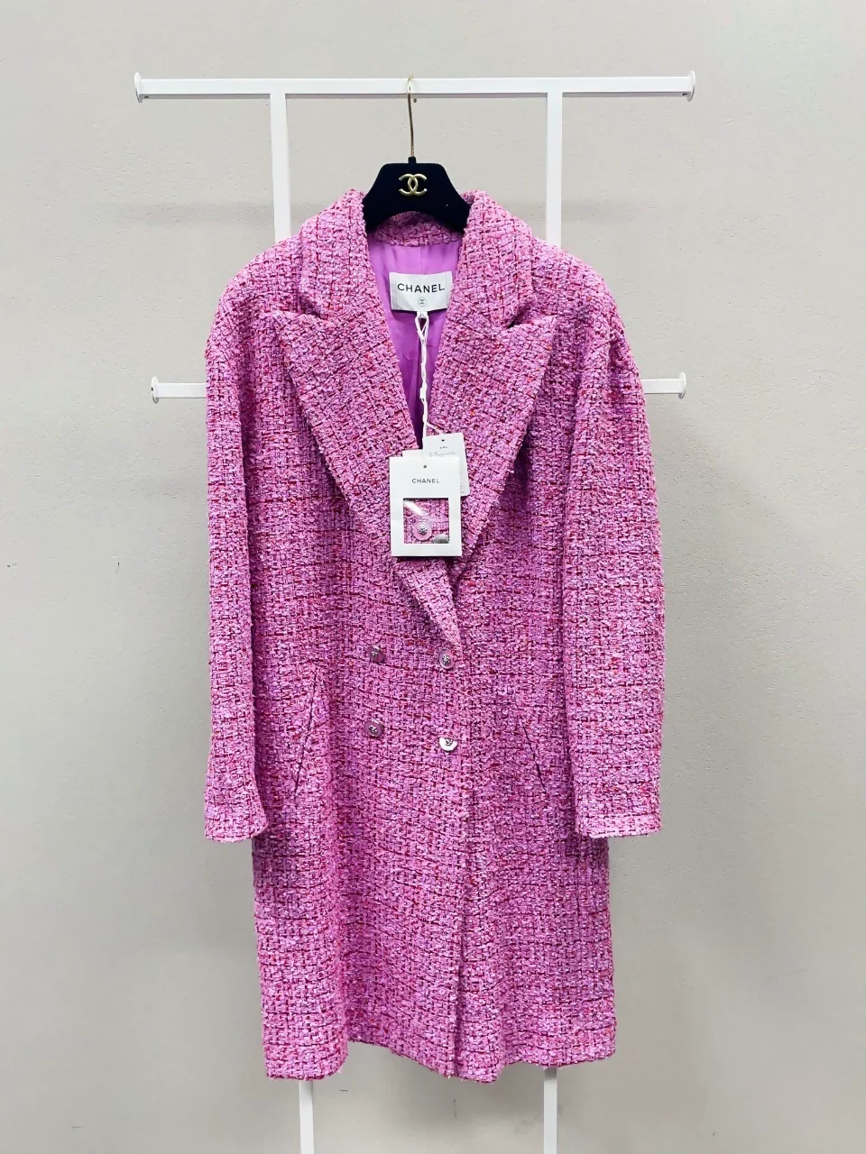 Chanel 22p pink tweed long coat