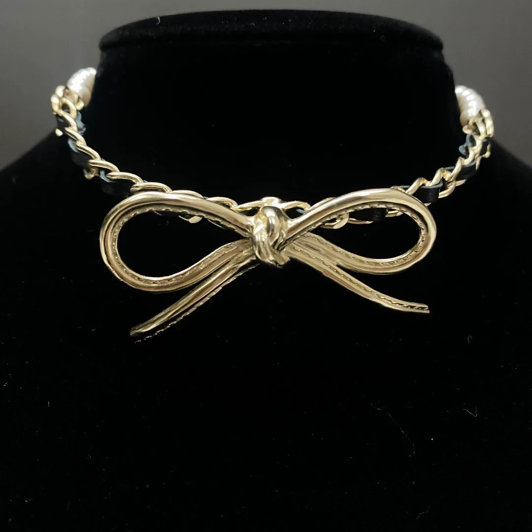 Chanel 22s bow pearl leather chain choker necklace - Image 3