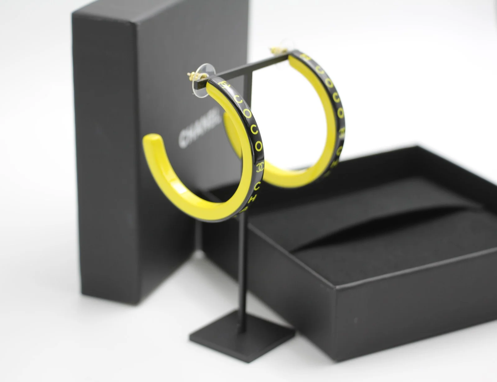 Chanel 22S Resin Banana Yellow English Word Hoop Large Earrings