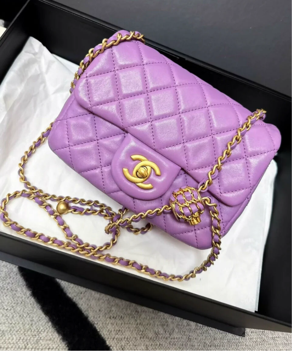 Chanel 22S purple leather square mini flap gold ball chain bag - Image 2