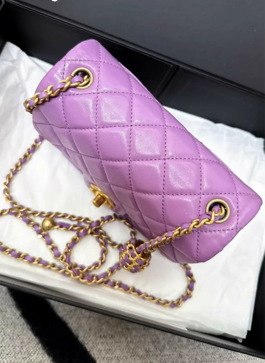 Chanel 22S purple leather square mini flap gold ball chain bag - Image 3