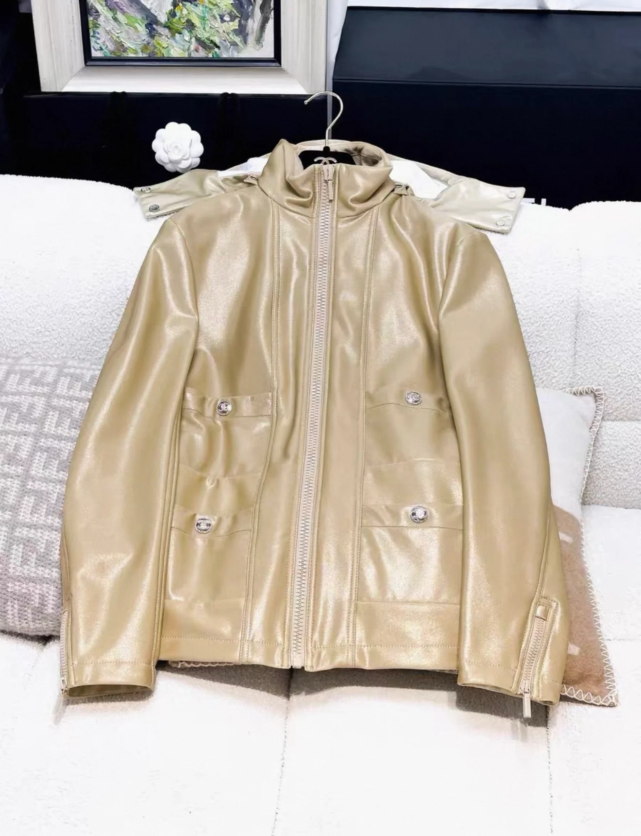Chanel 23 iridescent champagne gold hooded down jacket