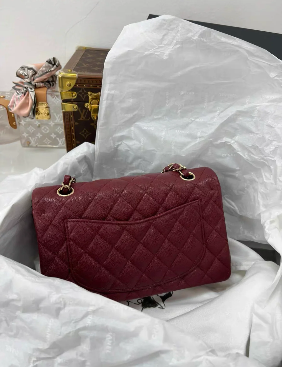 Chanel 23 Red Wine Burgundy Caviar Leather Medium Classic Flap - Image 3