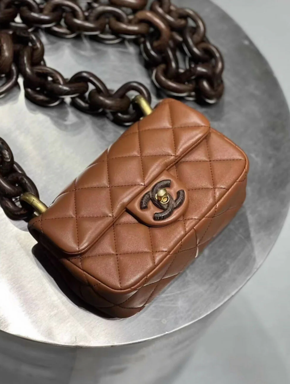 CHANEL 23A BROWN leather WOOD hardware MINI RECTANGULAR FLAP BAG
