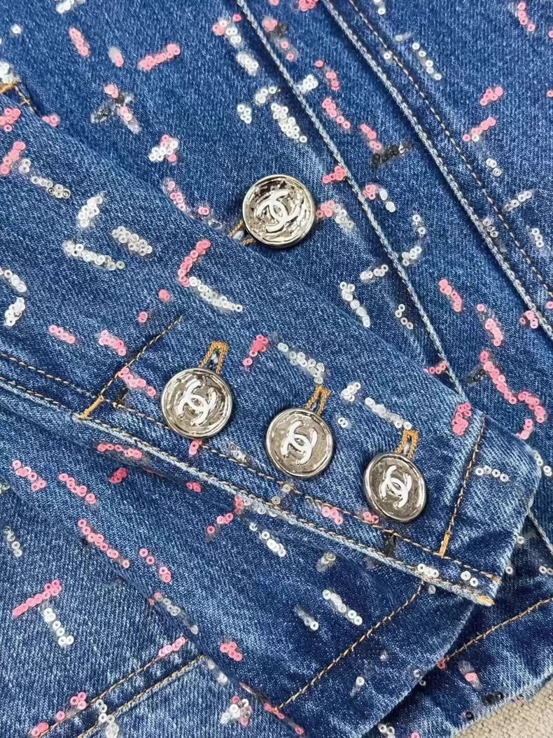 Chanel 23A Sequin Embroidered Denim Jacket - Image 3
