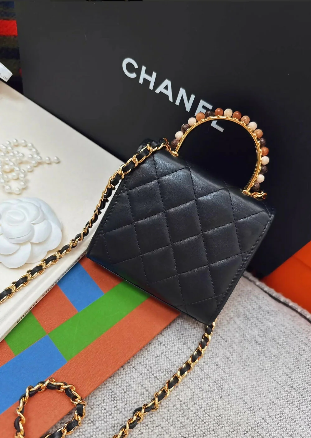 Chanel 23a Black Leather mini bag with gold top handle - Image 3