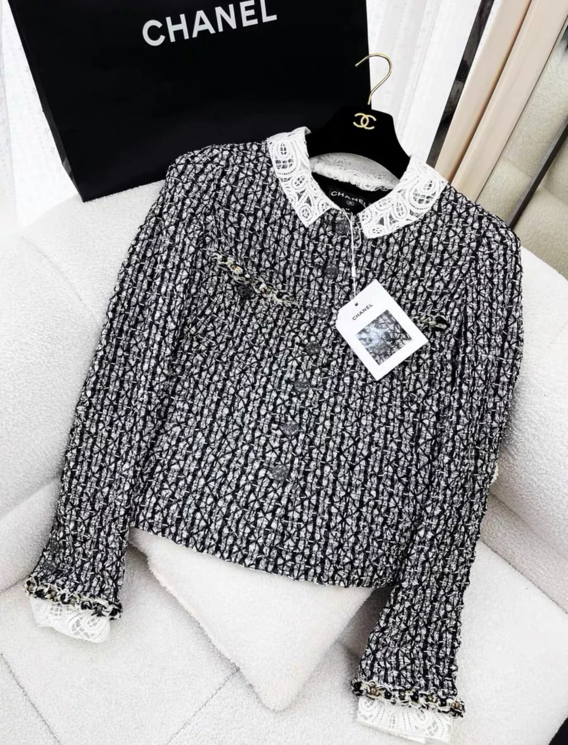 Chanel 23A tweed black and white collar jacket