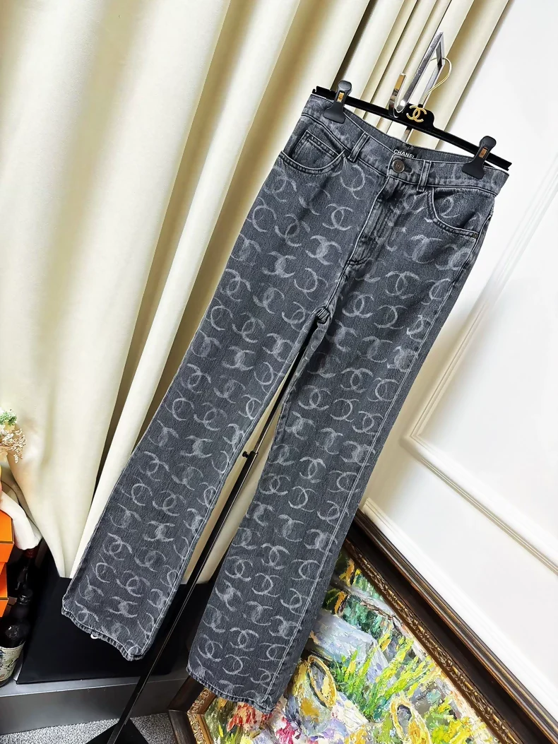 Chanel 23B black and gray graffiti double C logo straight jeans