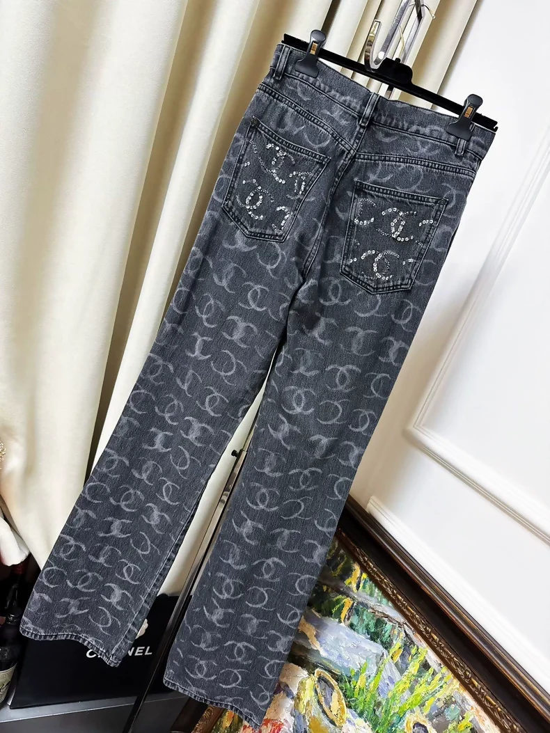 Chanel 23B black and gray graffiti double C logo straight jeans - Image 2