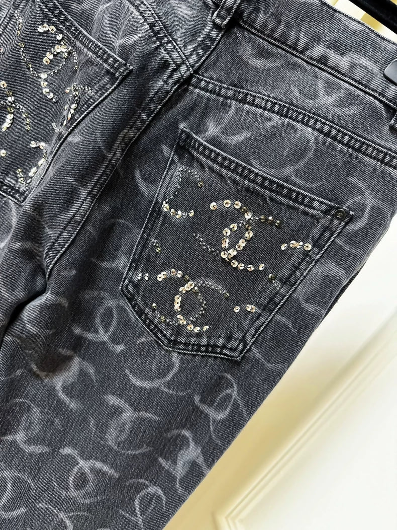 Chanel 23B black and gray graffiti double C logo straight jeans - Image 3