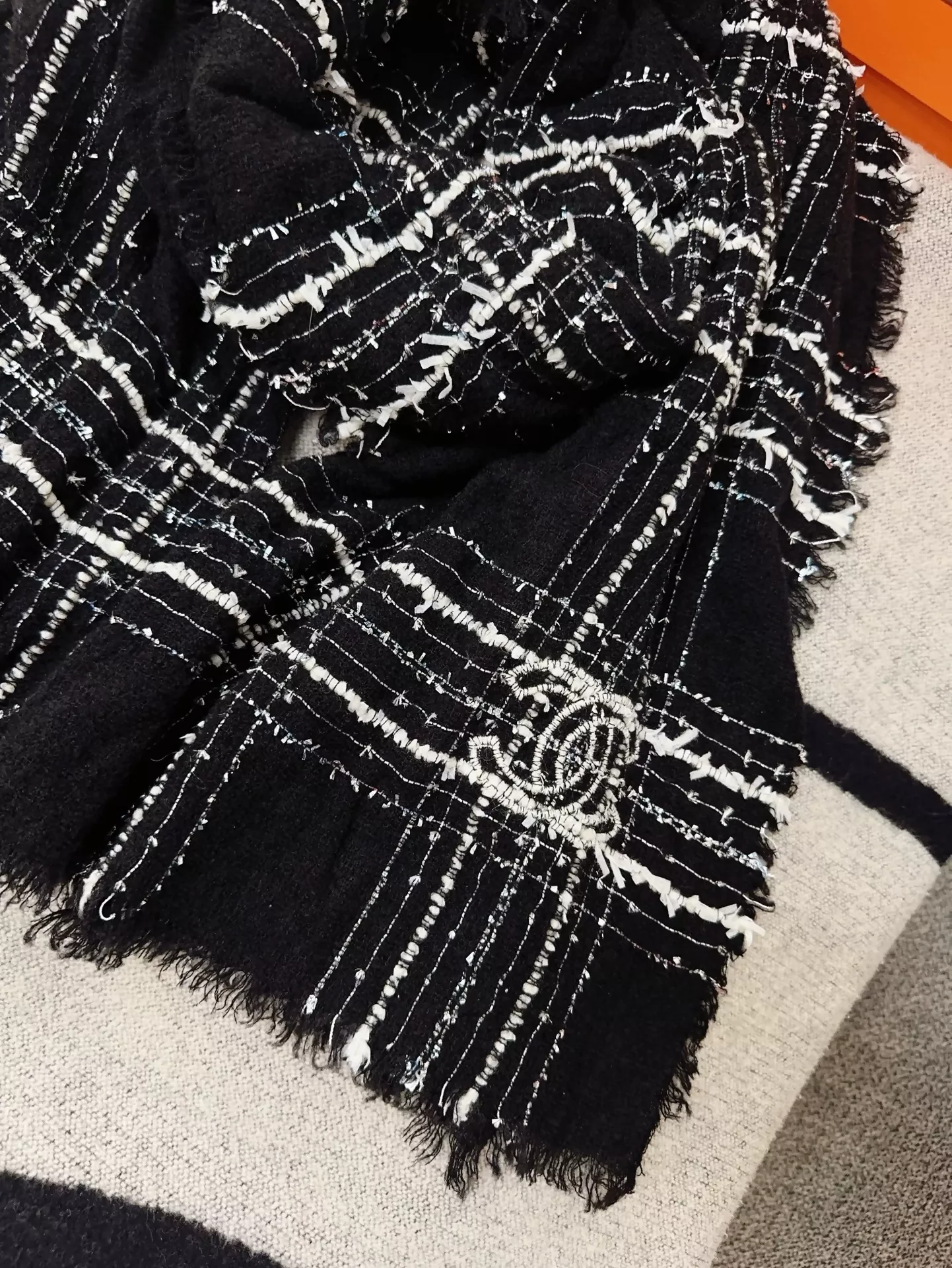 Chanel 23B black and white check tweed scarf