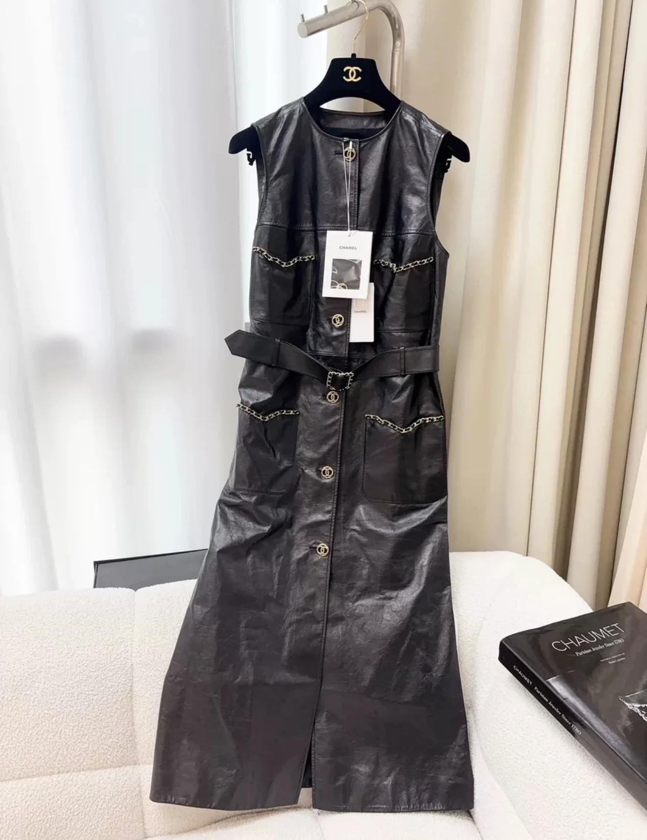 Chanel 23B Long Four-Pocket Leather Chain Jacket with Belt