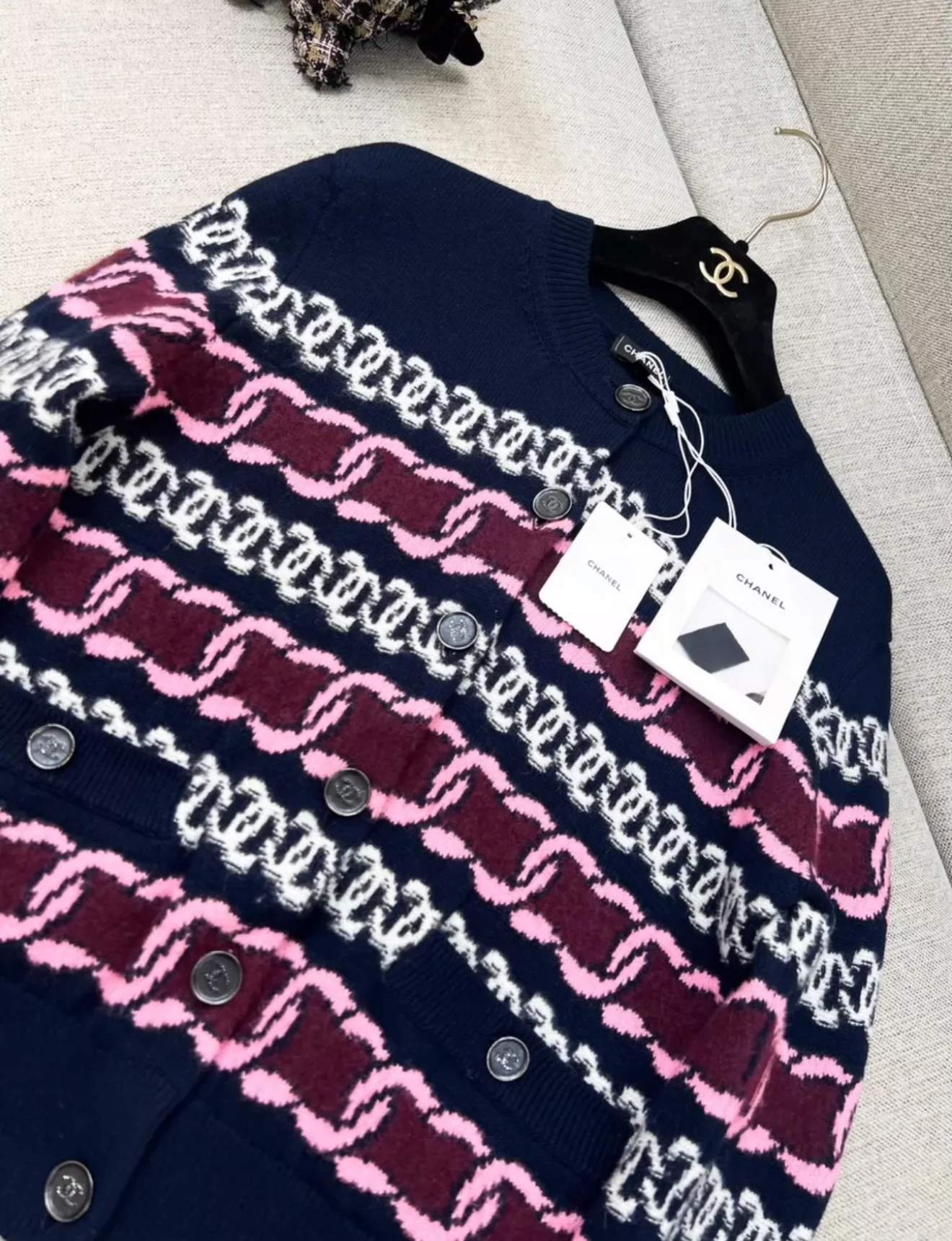 Chanel 23B navy blue, Burgundy, pink & white cardigan - Image 2