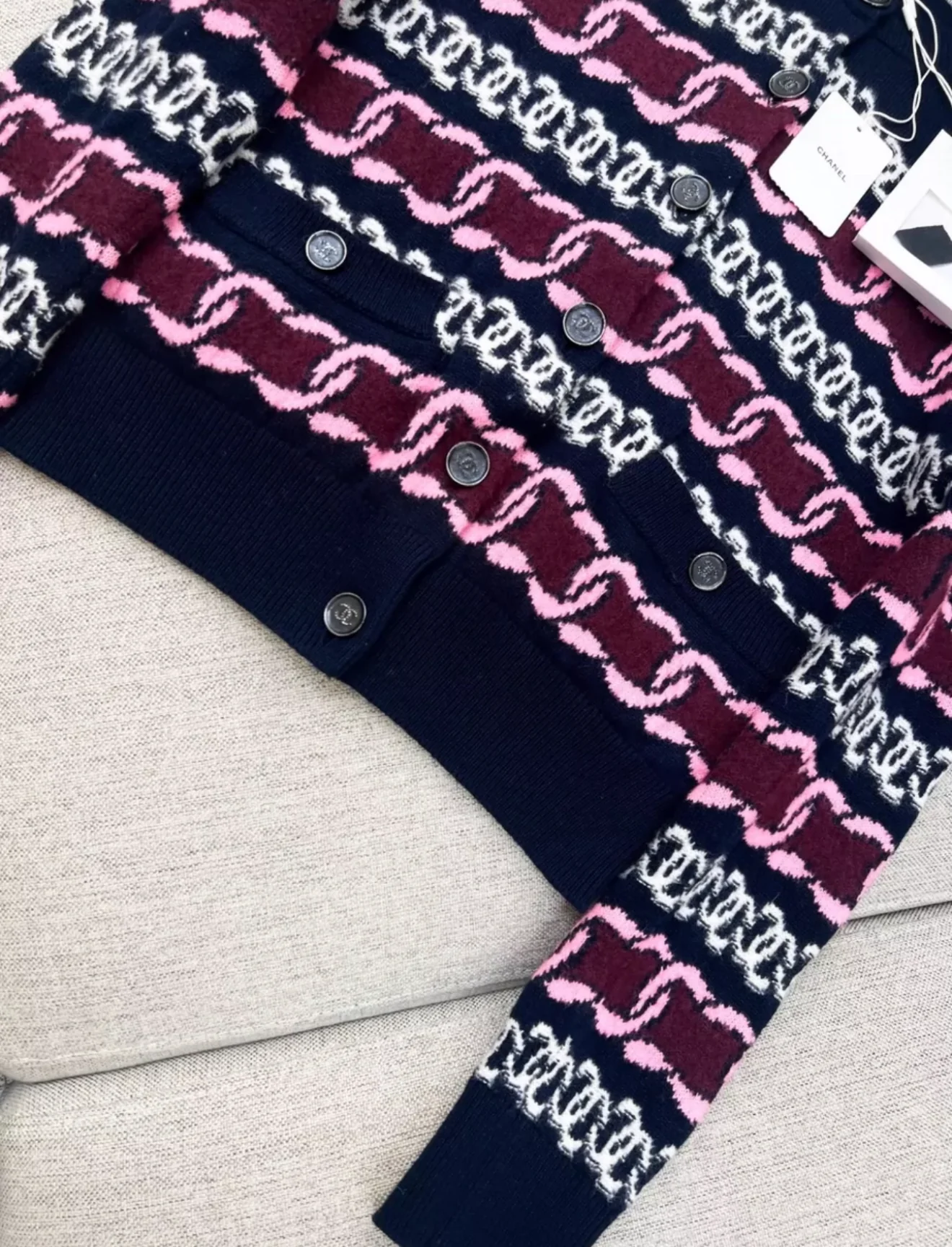 Chanel 23B navy blue, Burgundy, pink & white cardigan - Image 3