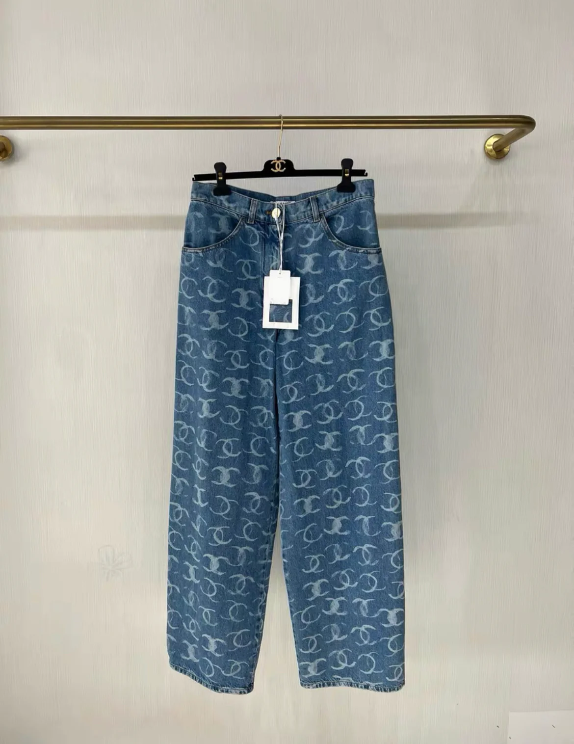 Chanel 23B Runway Light Blue Denim White CC Print Logo Baggy Oversized Jeans size 38