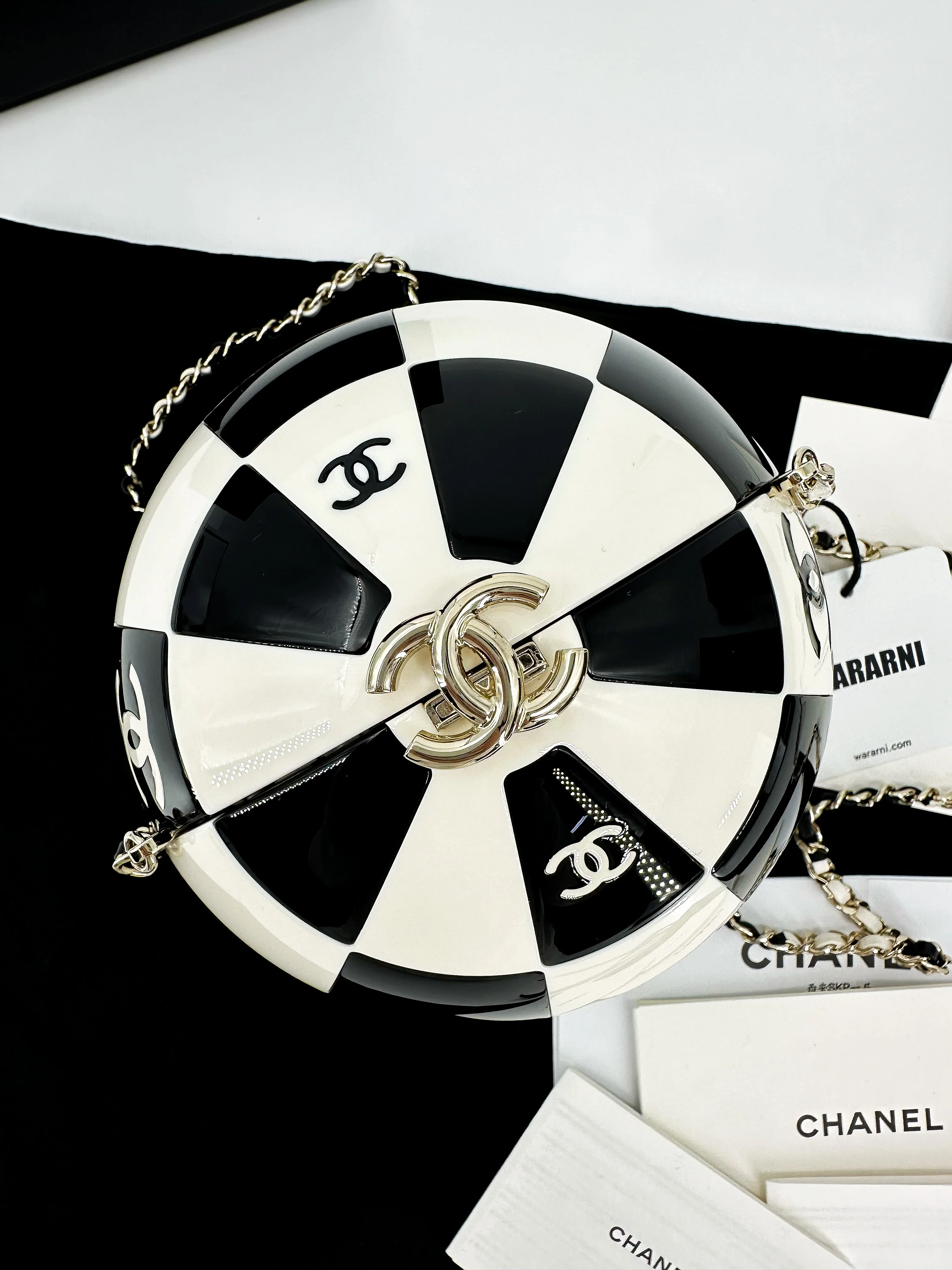 Chanel 23C Black and White Resin and Enamel Checker Sphere Minaudiere Pale Gold Hardware - Image 2