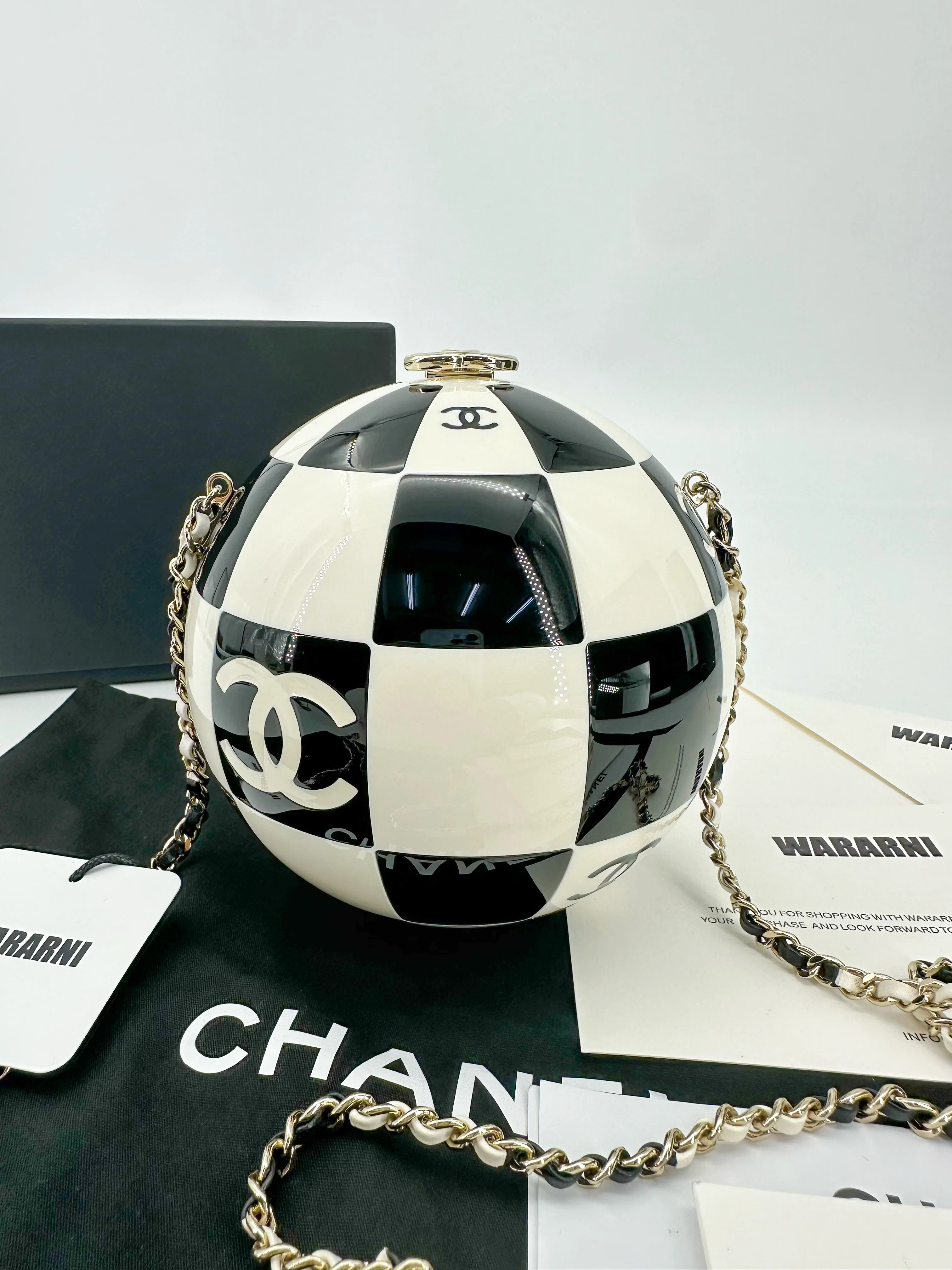Chanel 23C Black and White Resin and Enamel Checker Sphere Minaudiere Pale Gold Hardware - Image 3