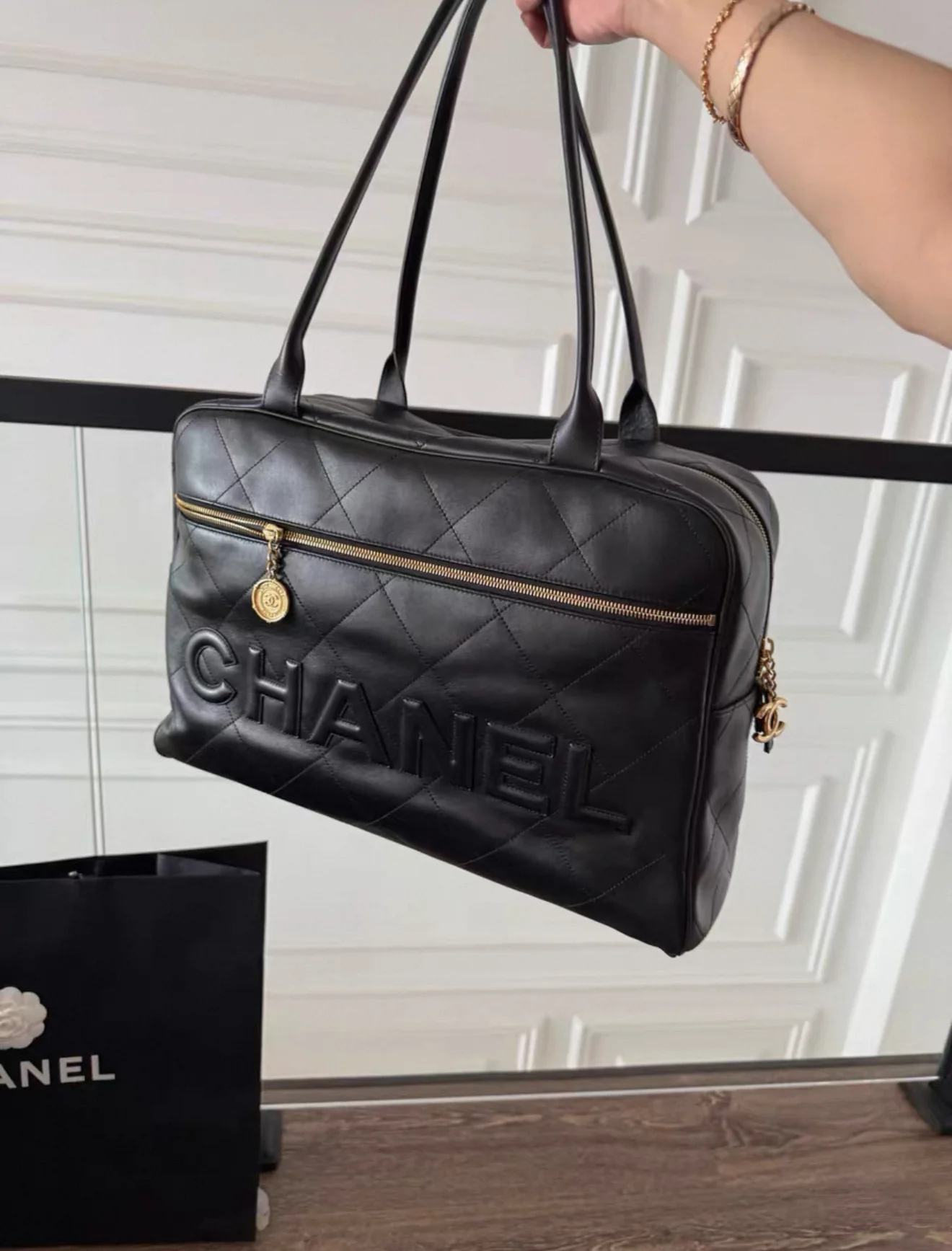 Chanel 23C Black & Gold Maxi Bowling Handbag - Image 2