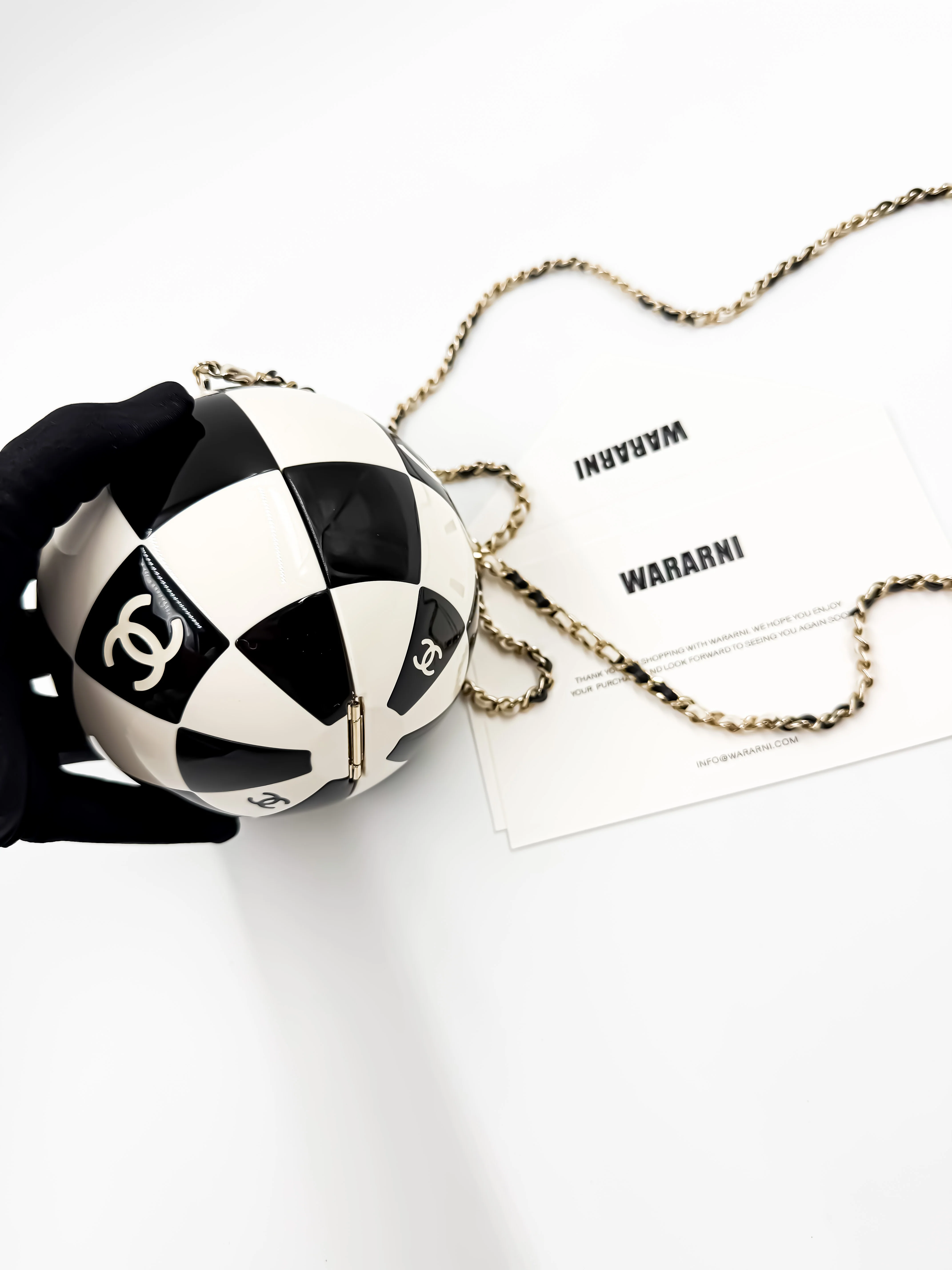 Chanel 23C Black & White Resin & Enamel Checker Sphere Minaudiere with Light Gold Hardware - Image 4