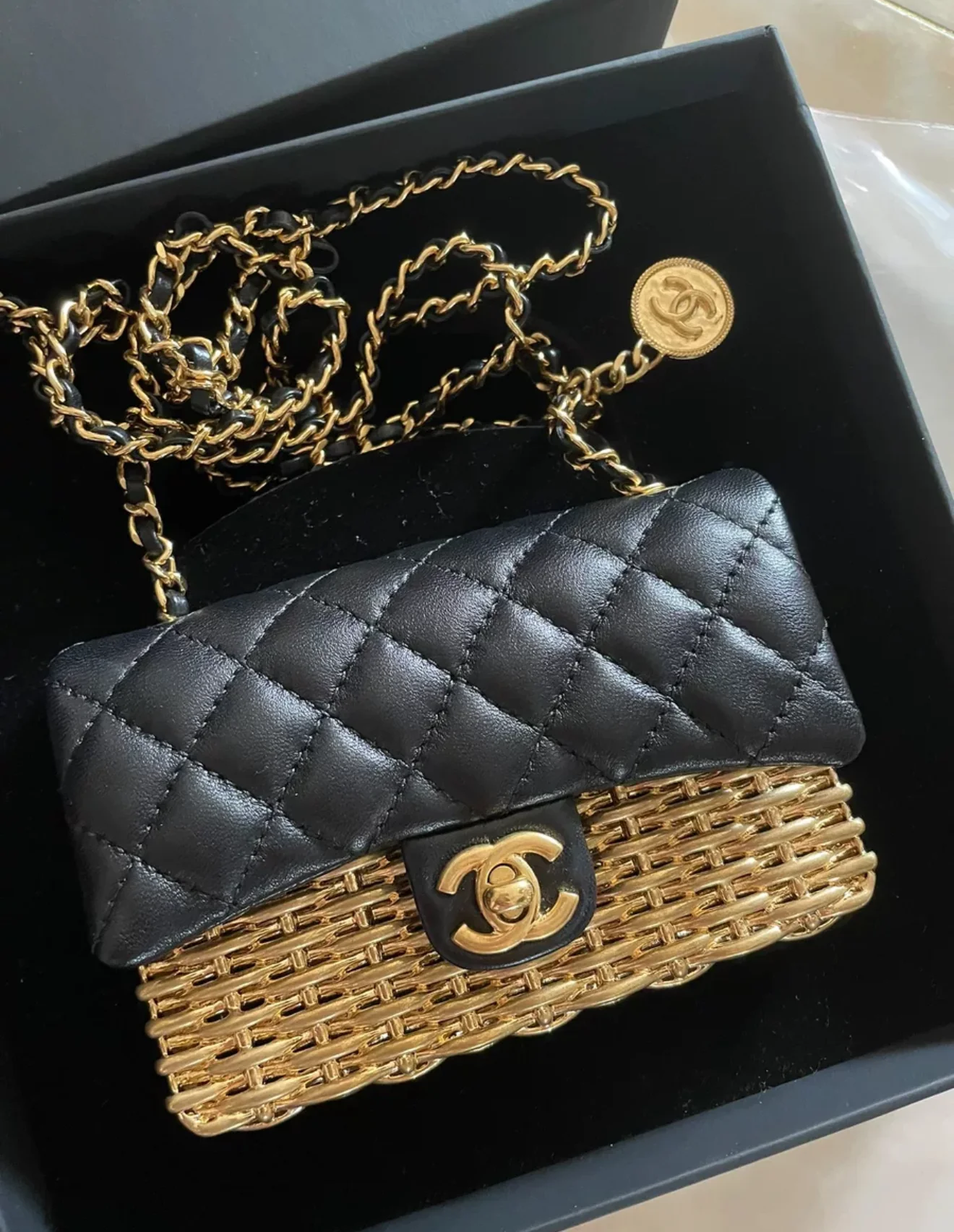 Chanel 23C Gold/Black mini Flap evening bag