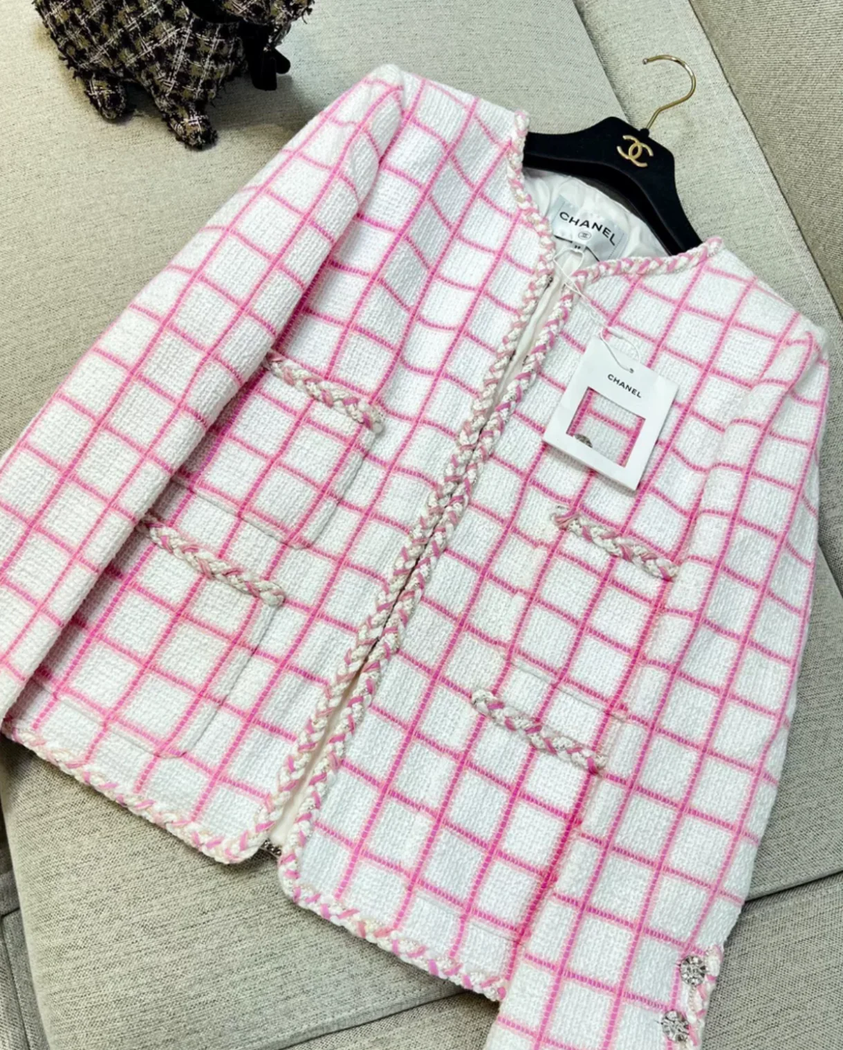 Chanel 23C pink and white four-pocket jacket