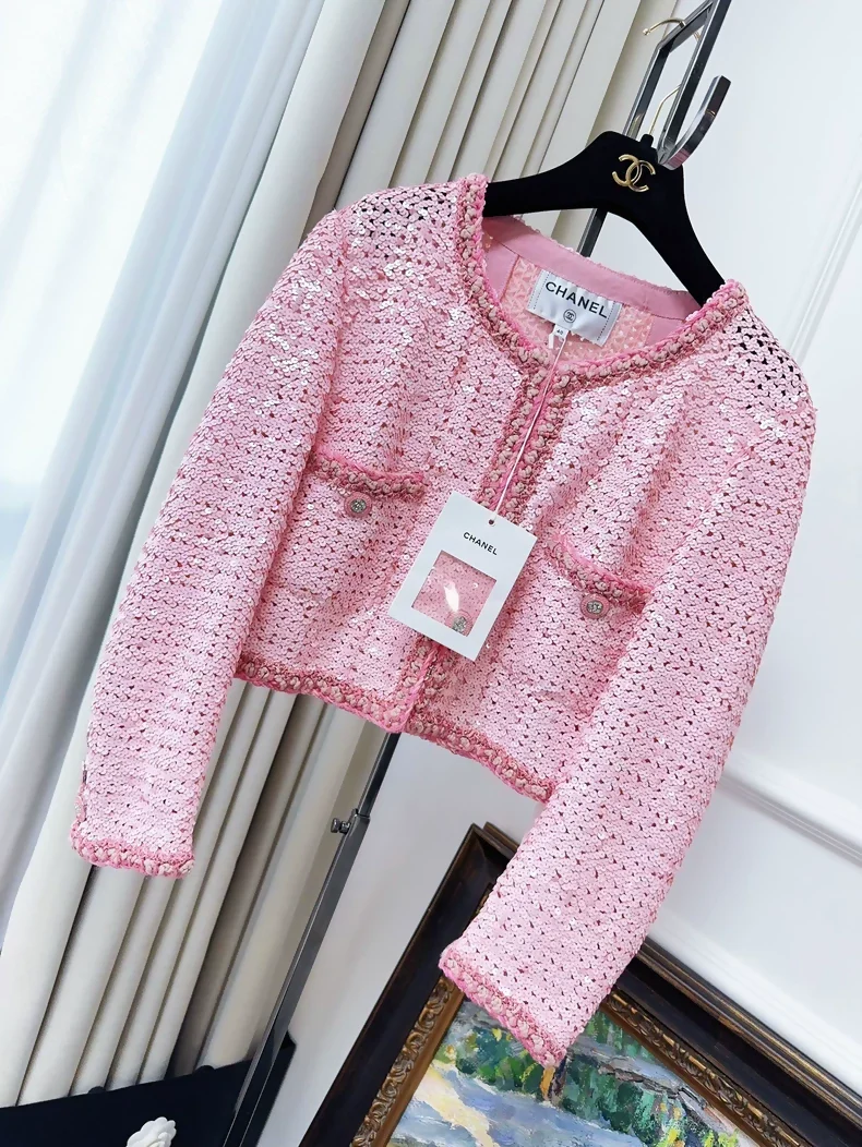 Chanel 23C Pink Sequined tweed Jacket