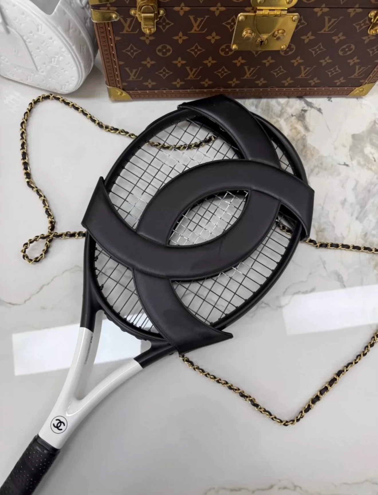 Chanel 23C Tennis Racket black leather with Gold Chain