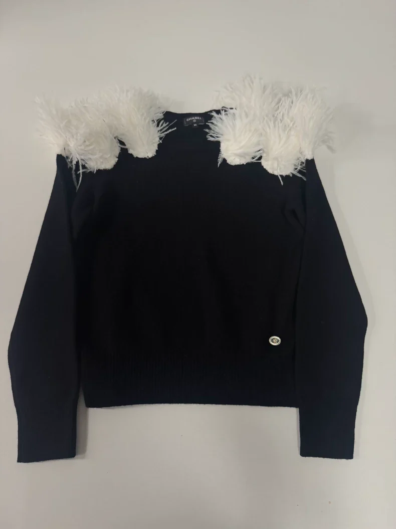 Chanel 23K black sweater with ostrich white feathers