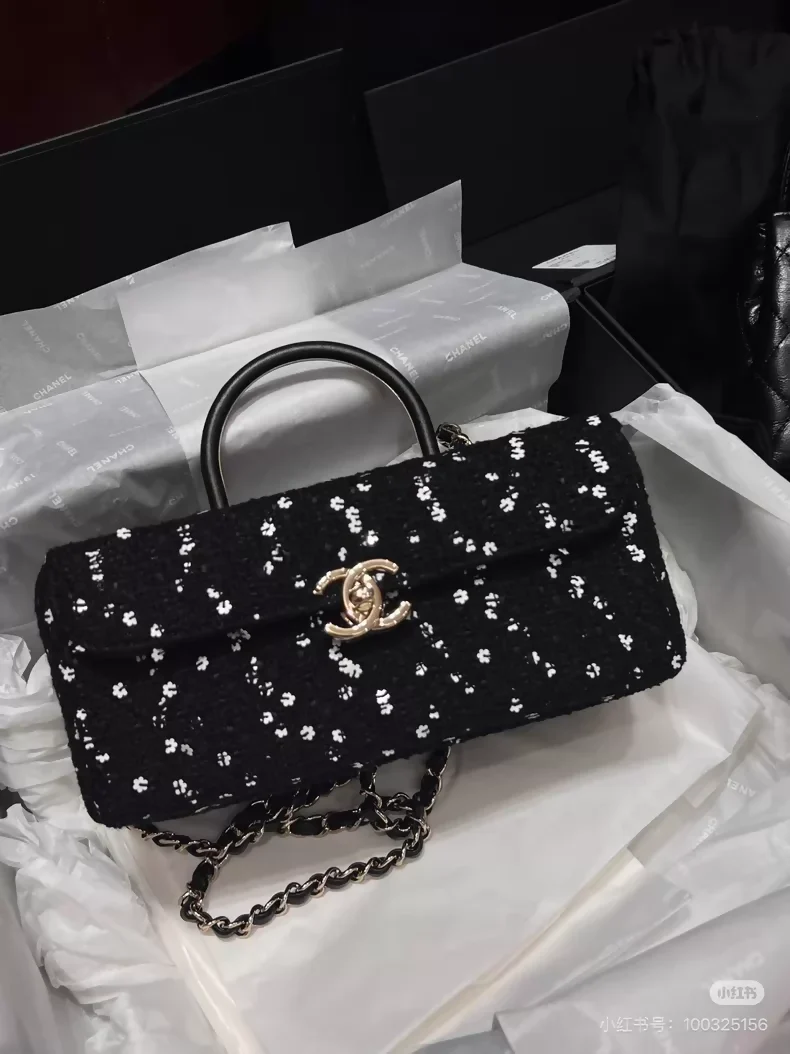 Chanel 23K black tweed camellia sequined long box ba