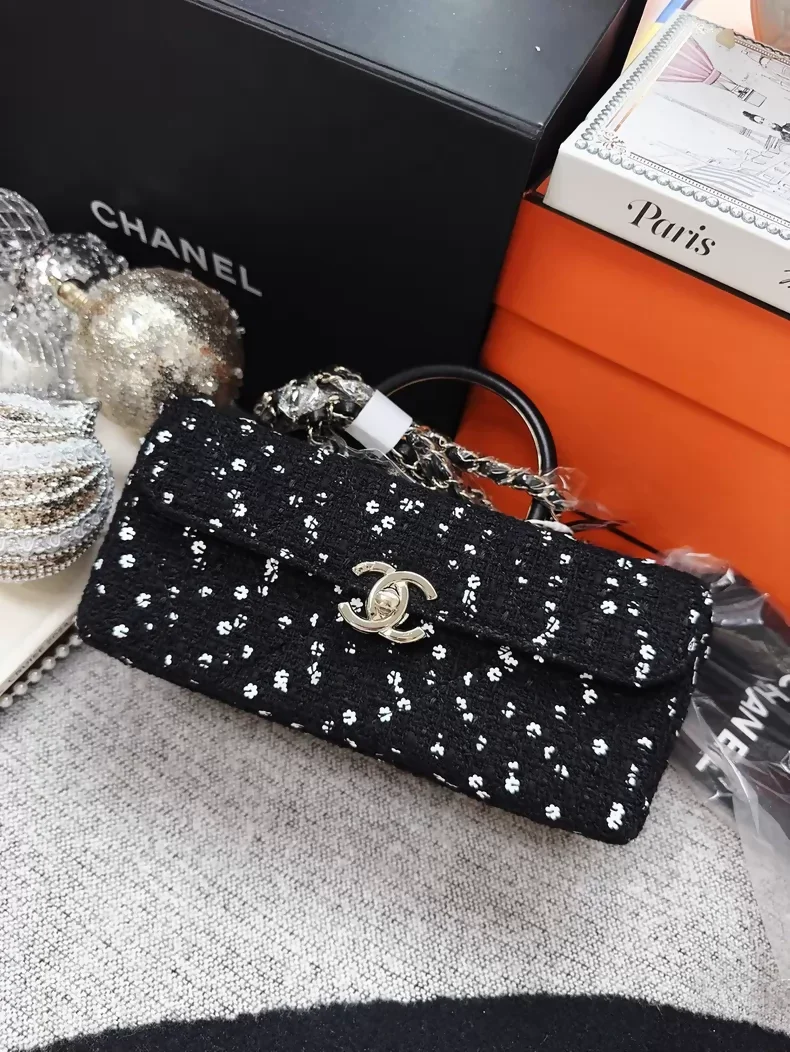 Chanel 23K black tweed camellia sequined long box ba - Image 2