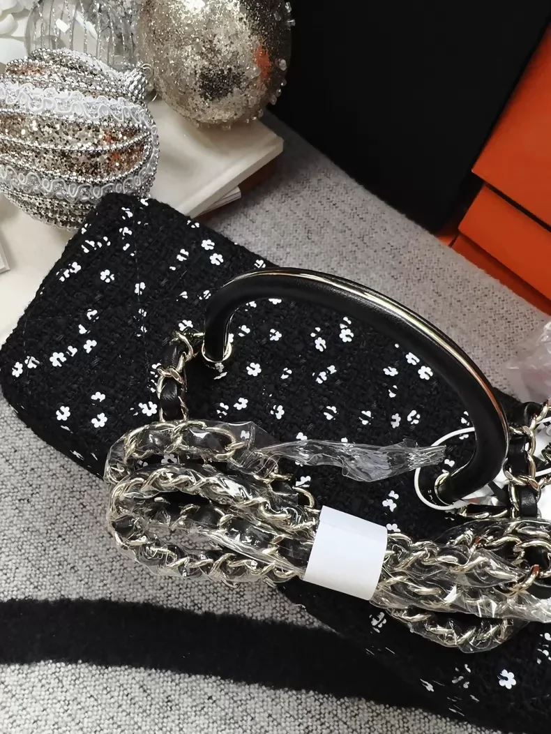 Chanel 23K black tweed camellia sequined long box ba - Image 4