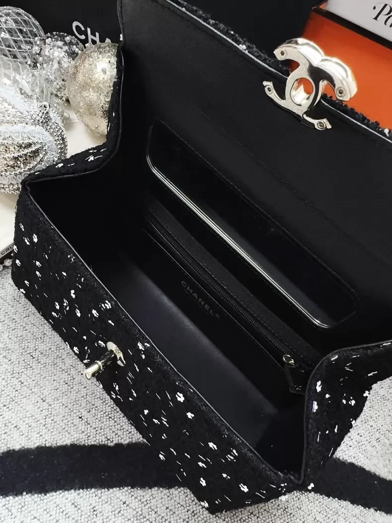 Chanel 23K black tweed camellia sequined long box ba - Image 6