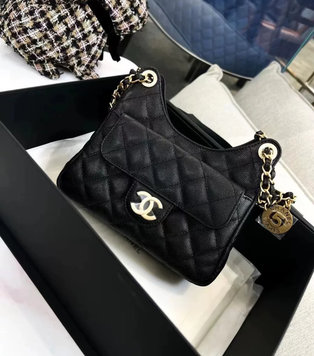 CHANEL 23P Black Caviar Leather Small Hobo Bag Gold Hardware
