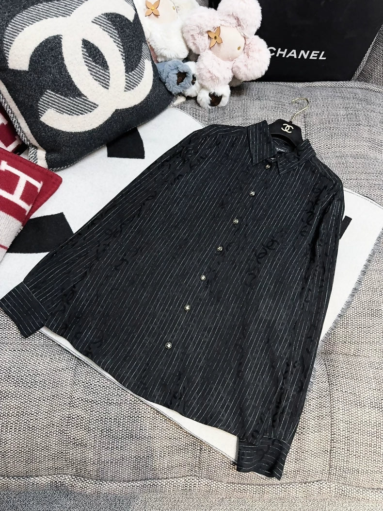 Chanel 23P Dark Double C Print Black Striped Shirt - Image 2