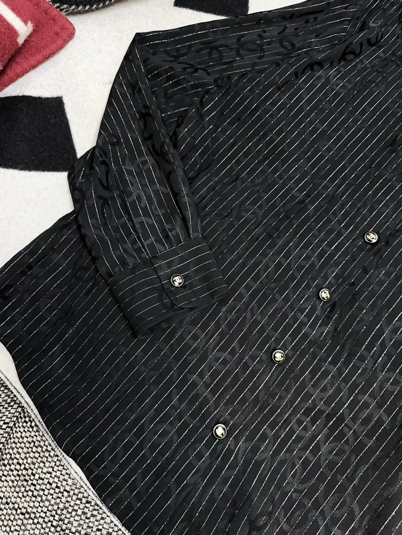 Chanel 23P Dark Double C Print Black Striped Shirt - Image 3
