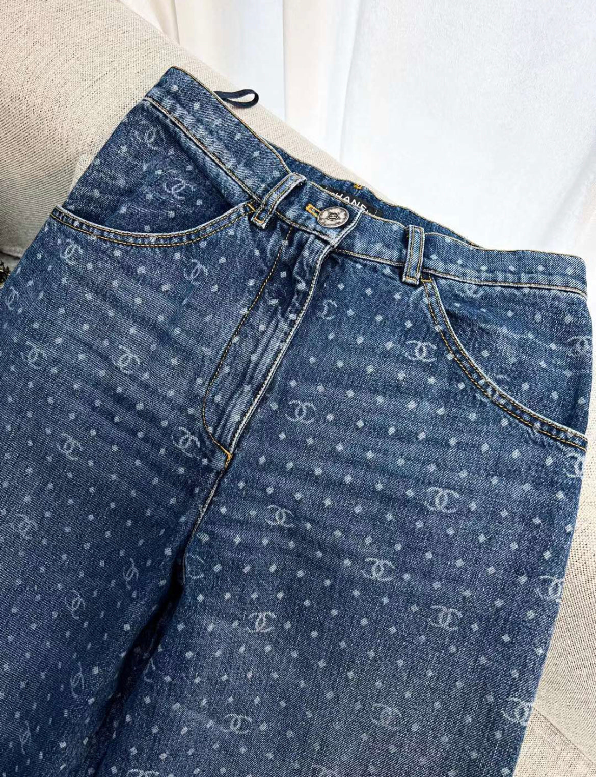 Chanel 23p popular blue polka-dot denim wide-leg pants in size 34 - Image 2