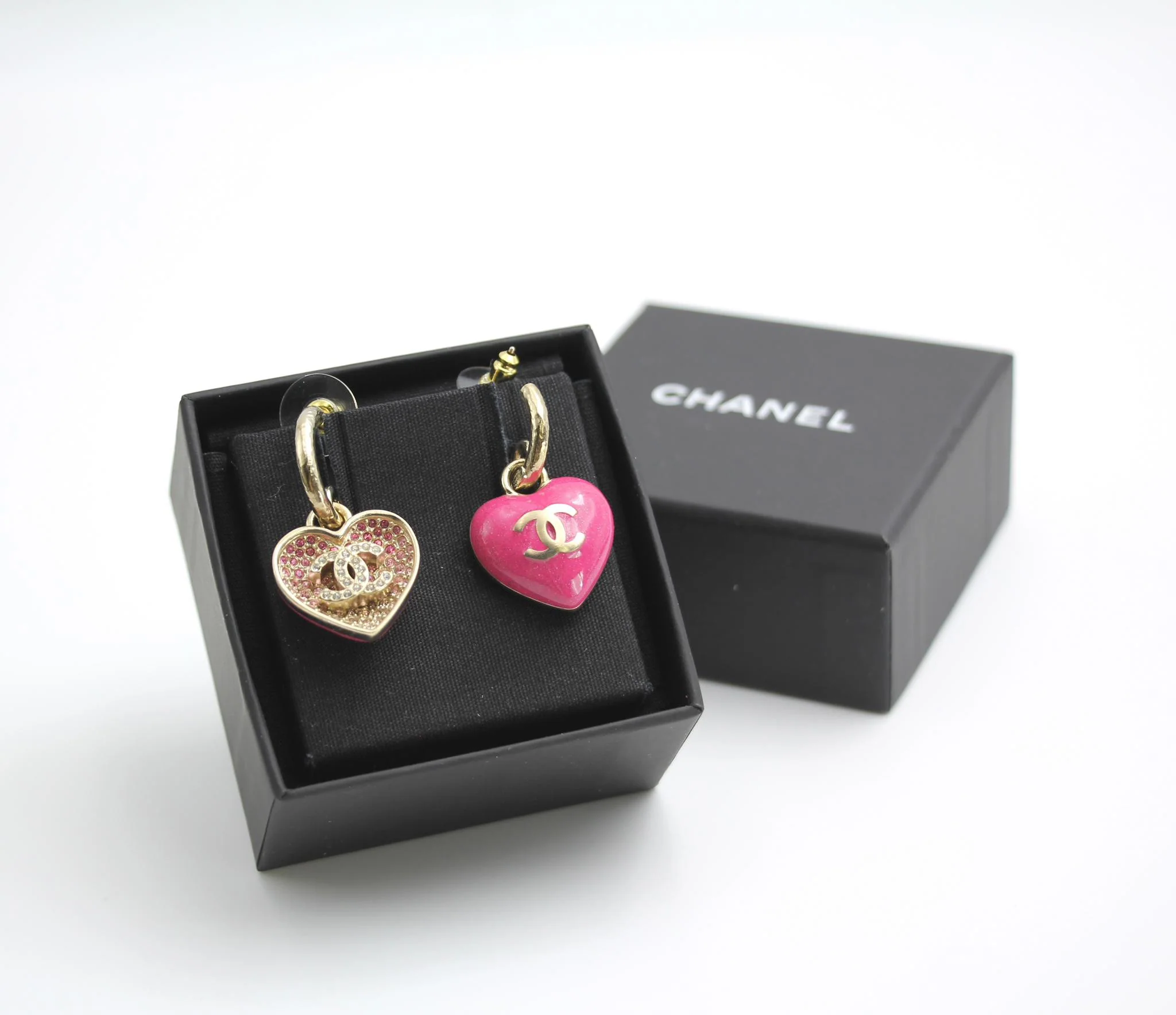 Chanel 23P Rhinestone Peach Pink Double-Sided Love Pendant Earrings