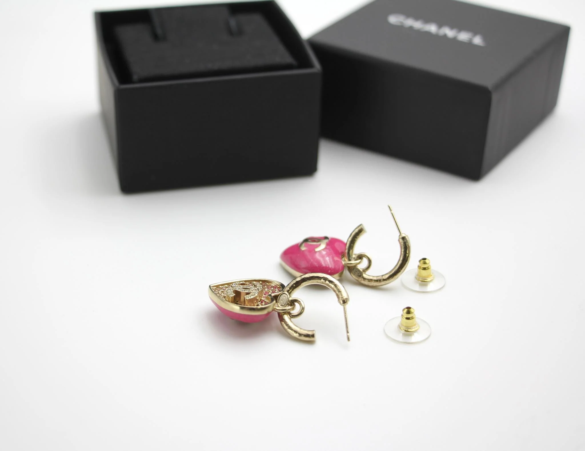 Chanel 23P Rhinestone Peach Pink Double-Sided Love Pendant Earrings - Image 10