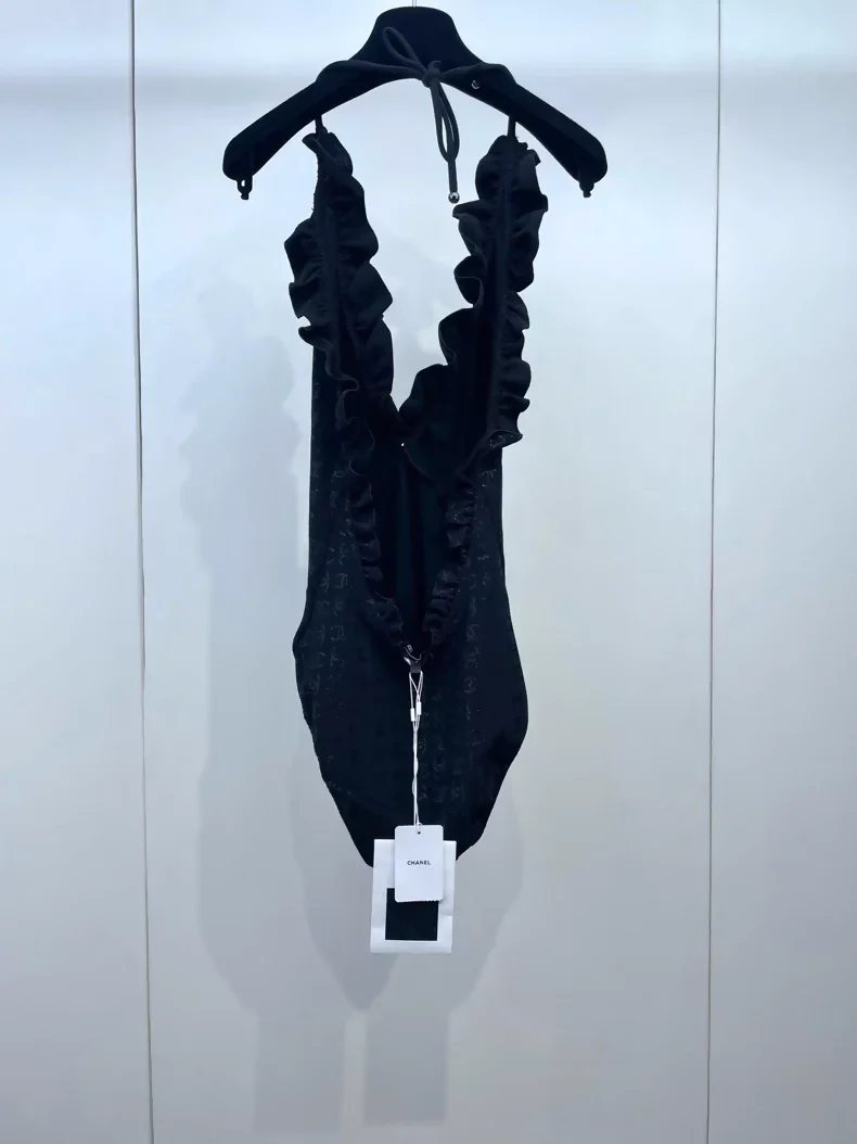 Chanel 23S Black All-Over Print Ruffled Swimsuit - Image 2