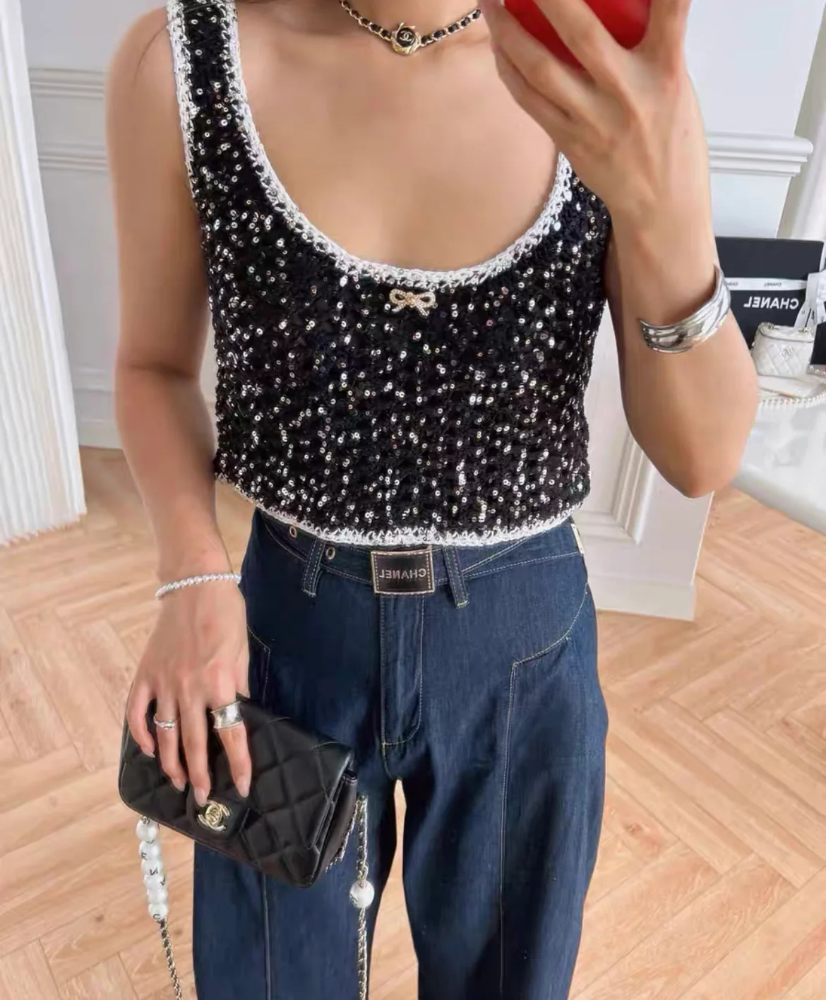 Chanel 23s black sequined bow top size 38 - Image 7