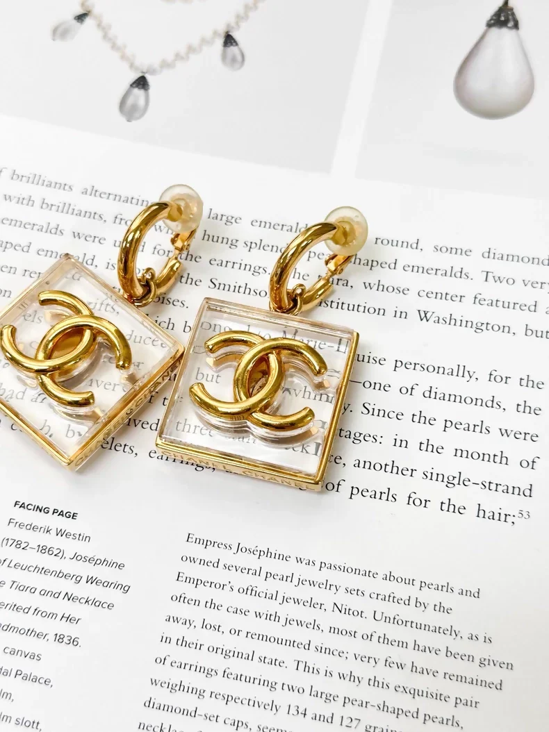 Chanel 23S gold transparent double C square acrylic earrings - Image 2